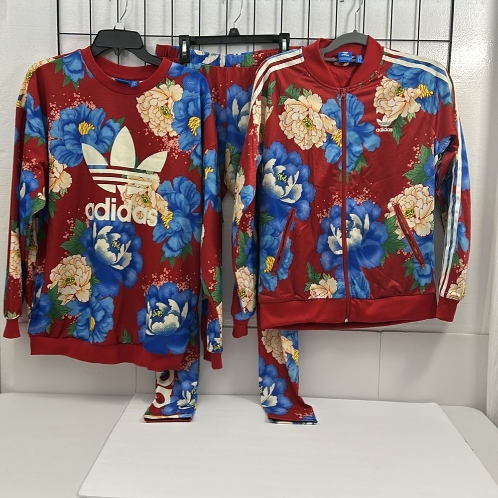 adidas 3 piece set: Red Floral Track Jacket, Leggings, & Sweatshirt - Picture 9 of 9